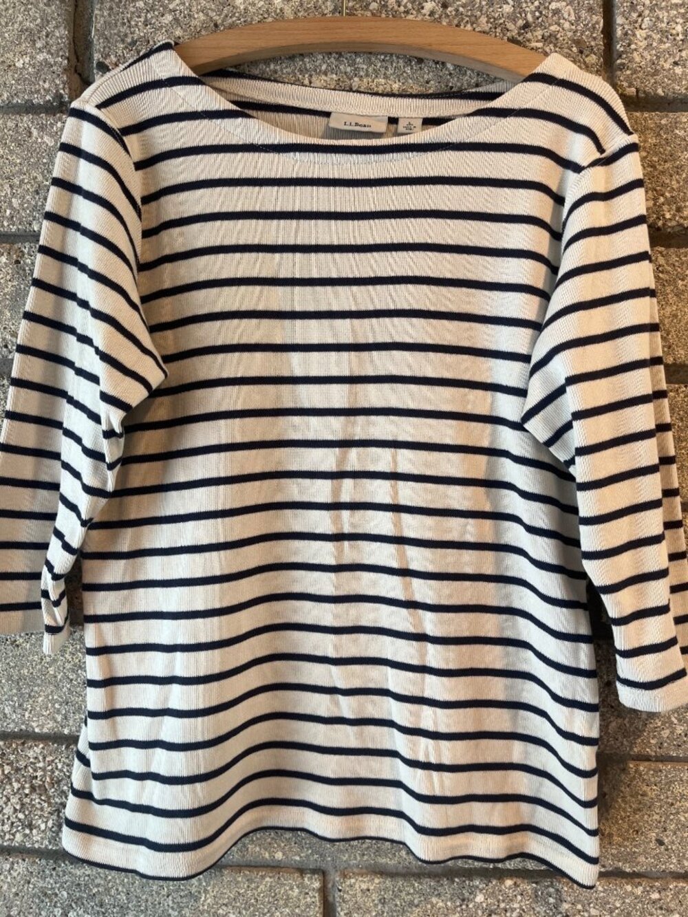 L.L. Bean Womens Striped Cotton 3/4 Sleeve Shirt Size L Navy & White Casual Top